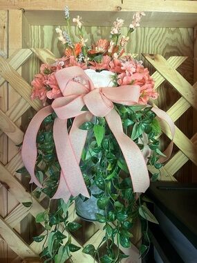 Peach Hanging Faux Floral Arrangement with Bow - set of 2